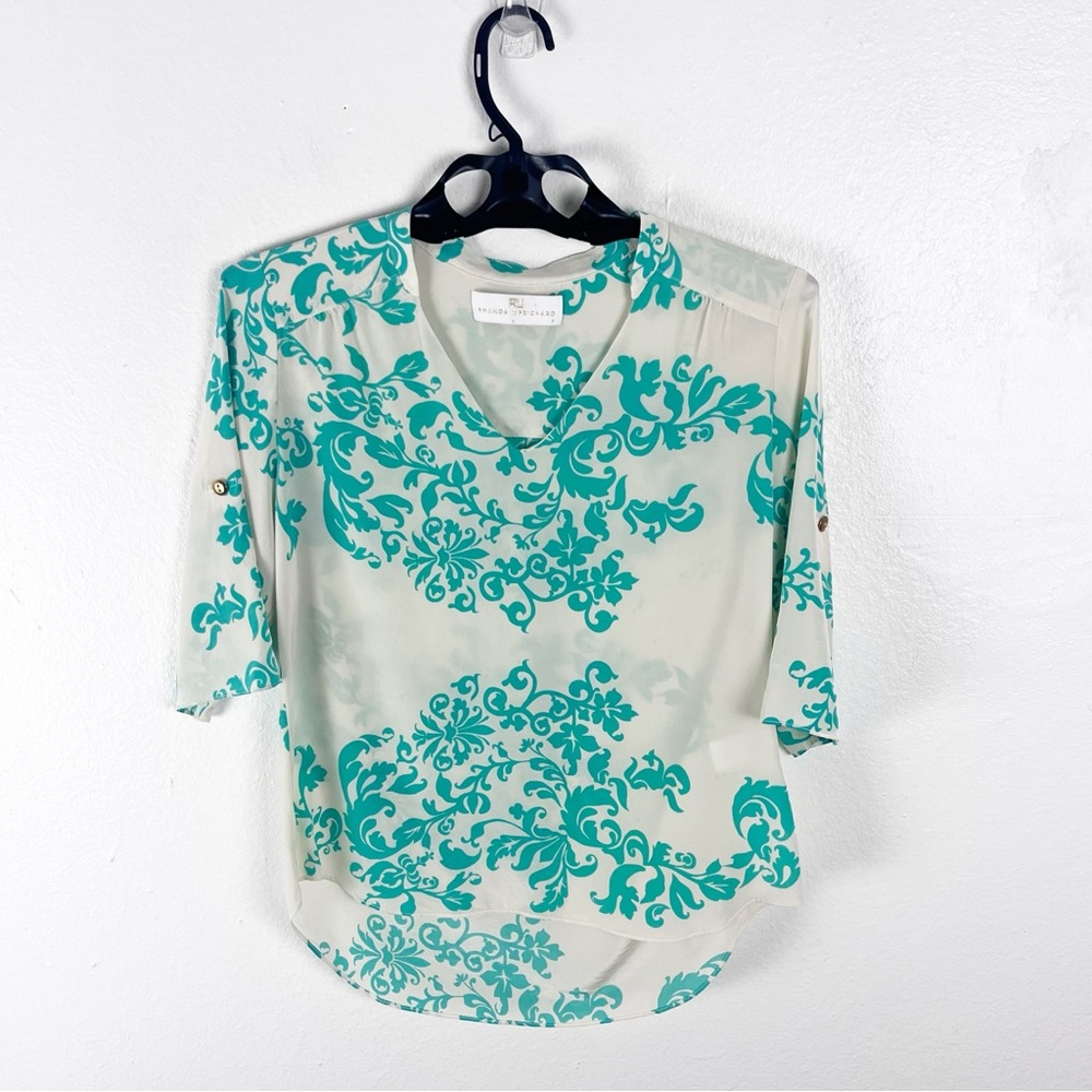 AMANDA UPRICHARD 100% Silk Floral Roll Tab Sleeves High Low Hem Blouse Top Large